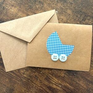 Handmade Baby Carriage Blank Greeting Card with Envelope, Button Art, NWT